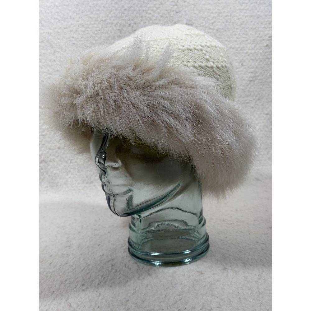 Aris Womens Ivory Cable Knit Hat Faux Fur Brim Winter Cozy Cottagecore